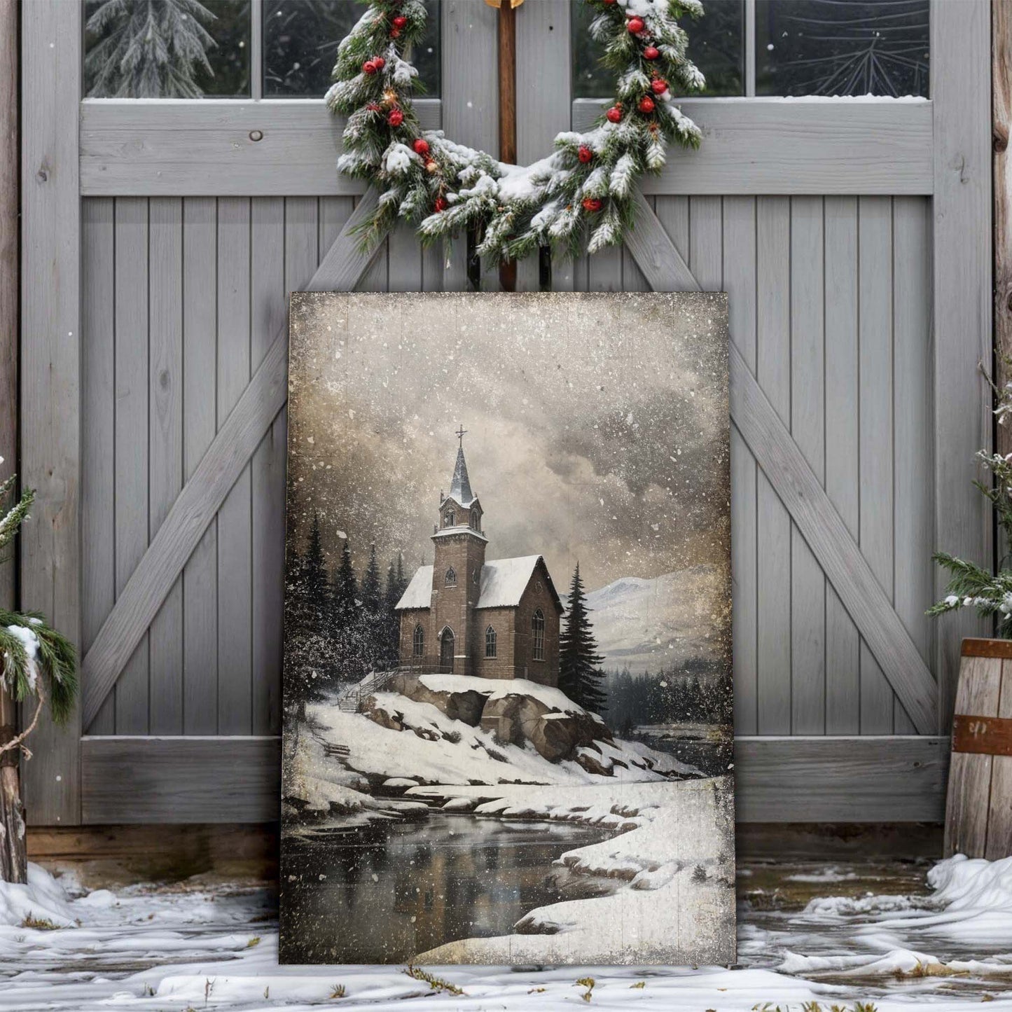 Vintage Church Christmas Canvas Wall Art II