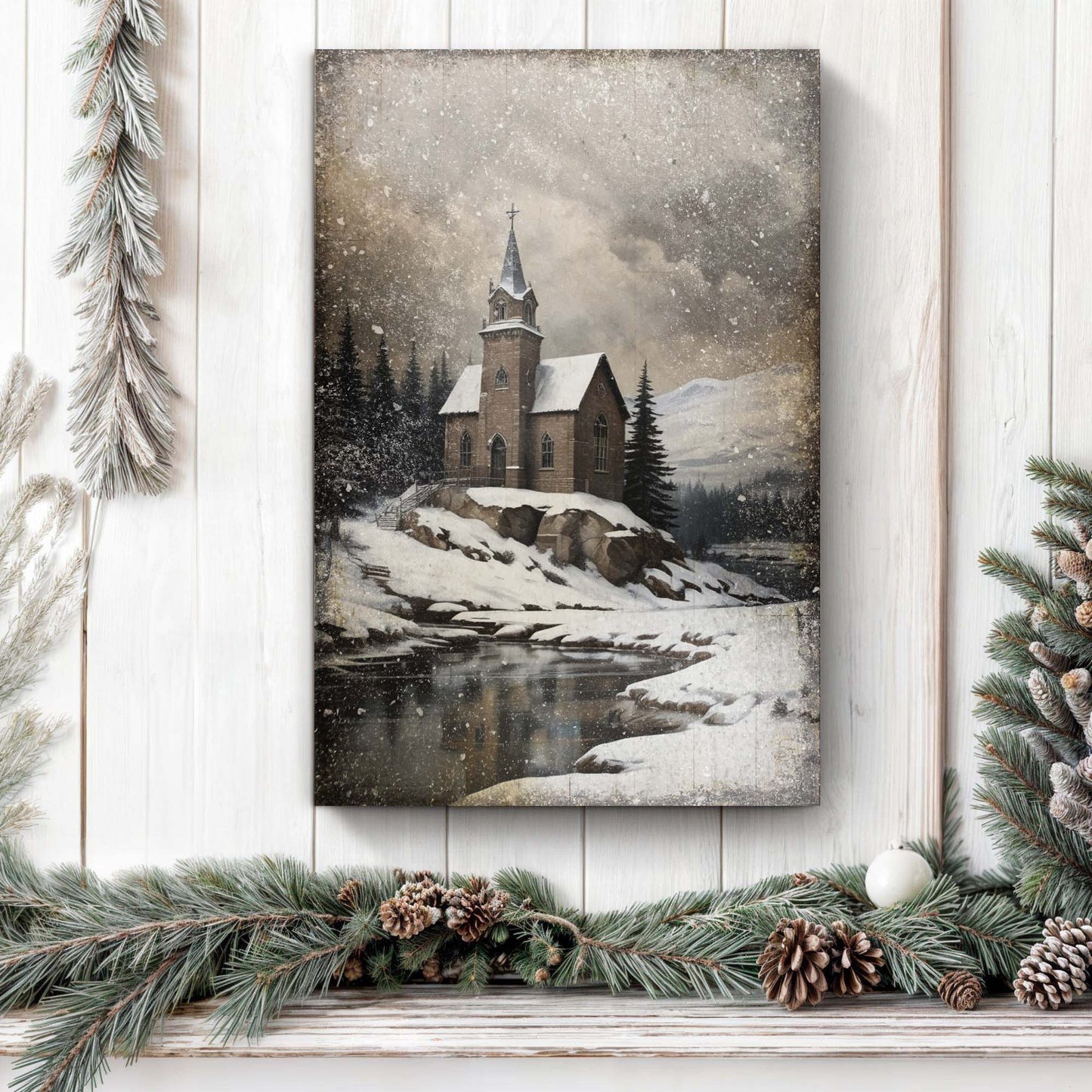 Vintage Church Christmas Canvas Wall Art II