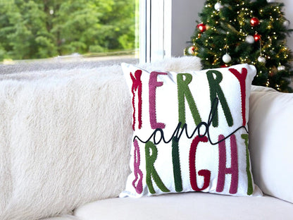 Merry and Bright Embroidered Christmas Themed Pillow