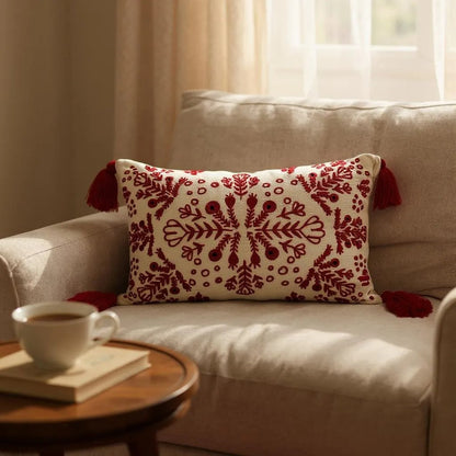 Red & White Embroidered Throw Pillow with Tassels